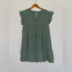 Entro V-Neck, Ruffle Sleeve Tiered Dress with Pockets